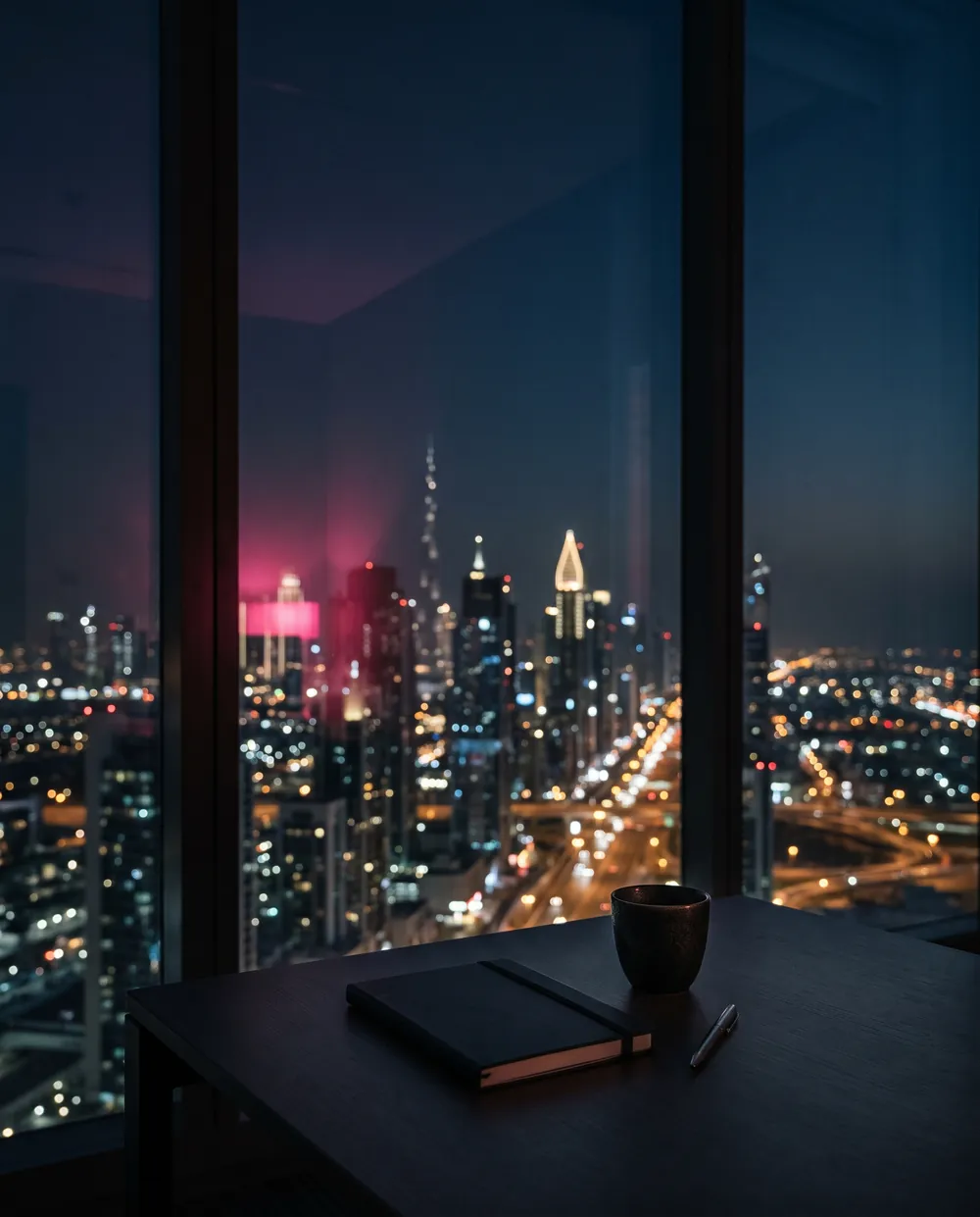 Night view of the Dubai skyline from a high floor office, a notebook, pen and cup on the desk by the window