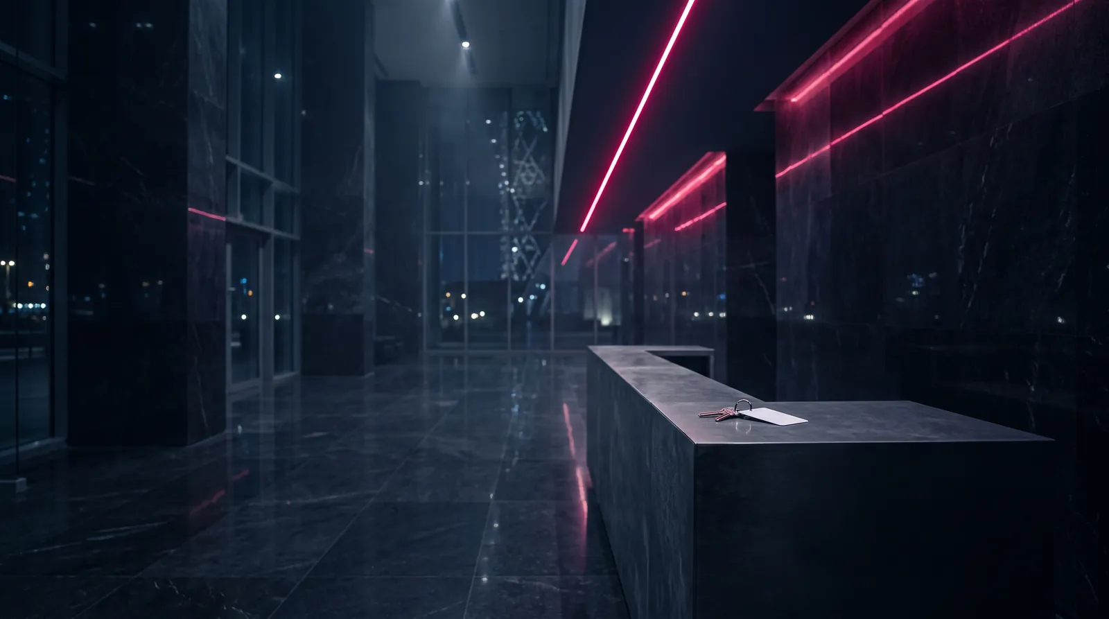 Dark marble lobby of a residential tower at night, a set of keys on the reception desk under crimson light lines